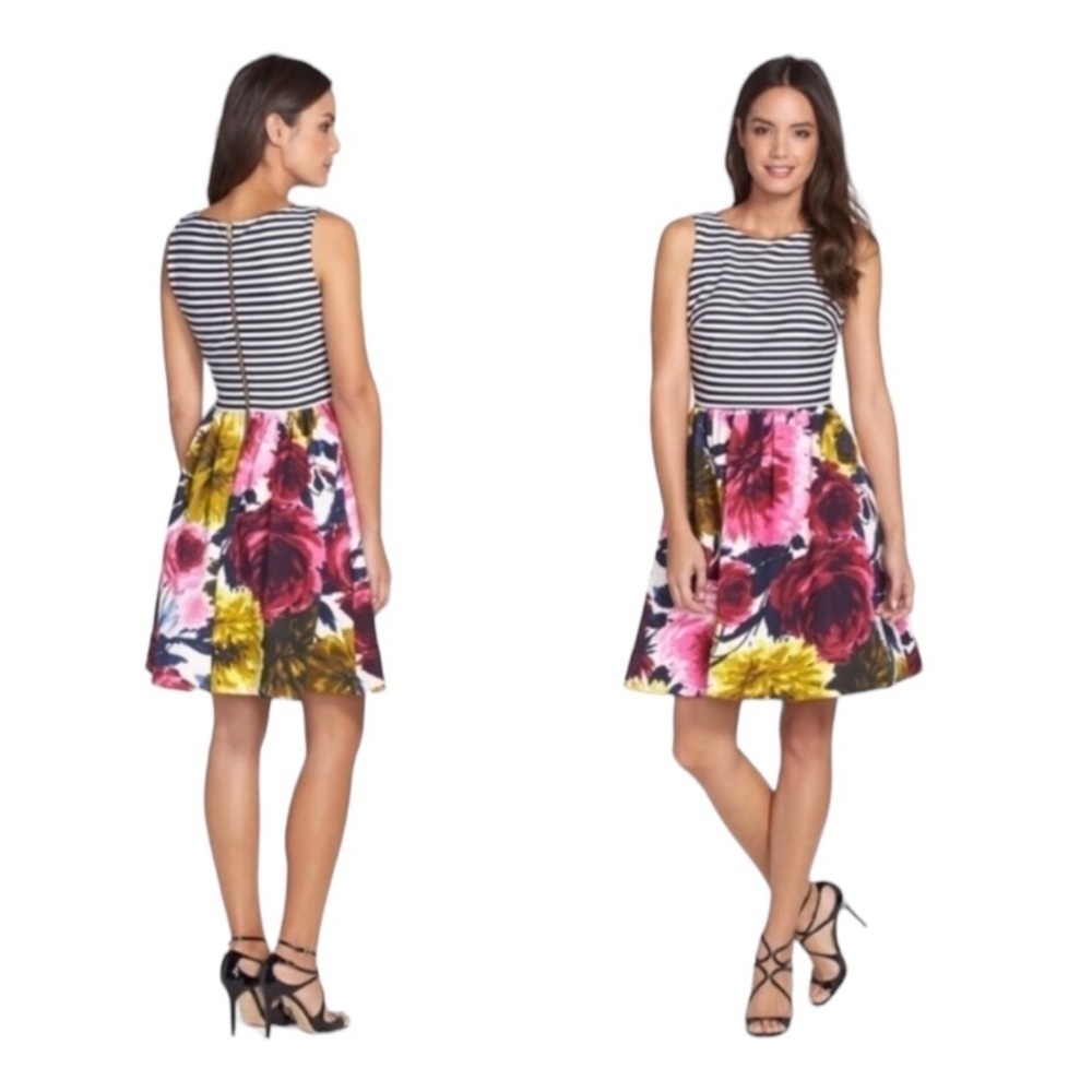 JUST TAYLOR Stripe Floral Sleeveless A-line Dress Women's Size 10